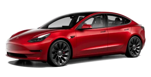 Front-angle-view-of-new-2023-Tesla-Model-3-electric-car-with-Red-Multi-Coat-exterior-paint-color